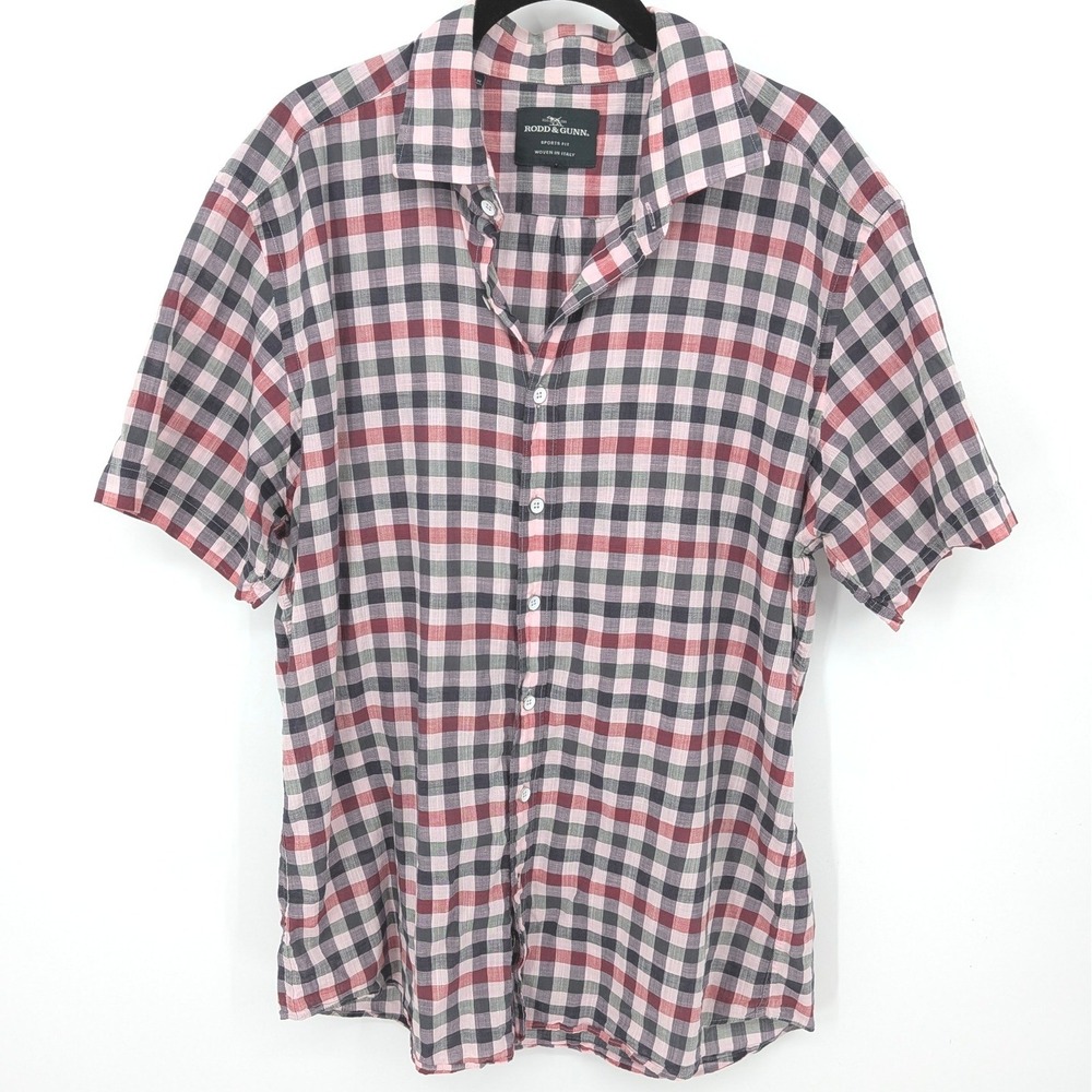 Rodd & Gunn Shirt Plaid Mens XL Pink Sports Fit Short‎ Sleeve Woven Italy Casual